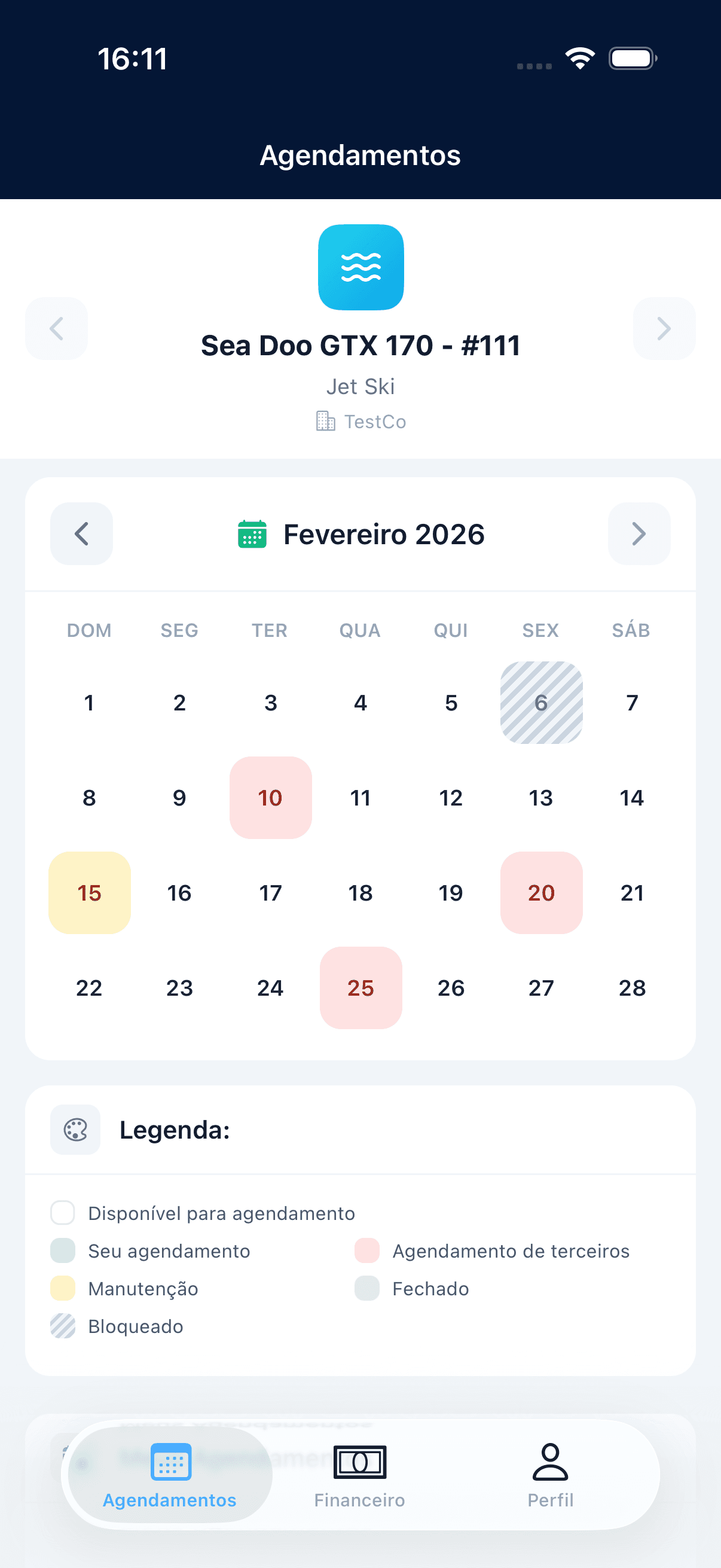 App Revezza mostrando o calendário de reservas do jet ski