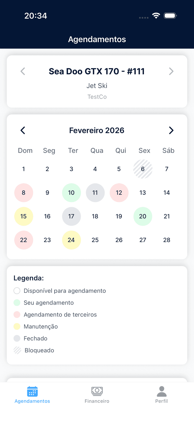 App mobile mostrando calendário de reservas