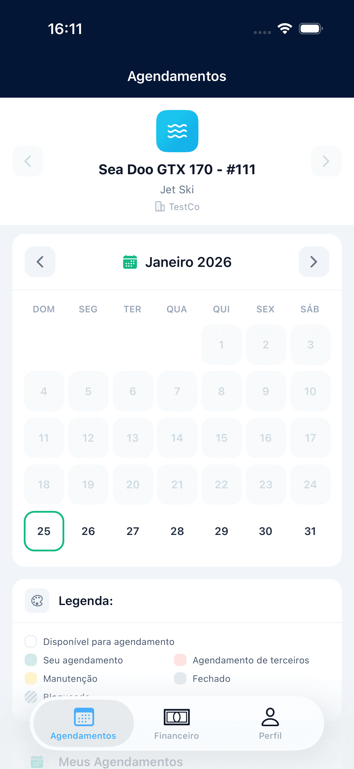App Revezza com o calendário de reservas de um jet ski
