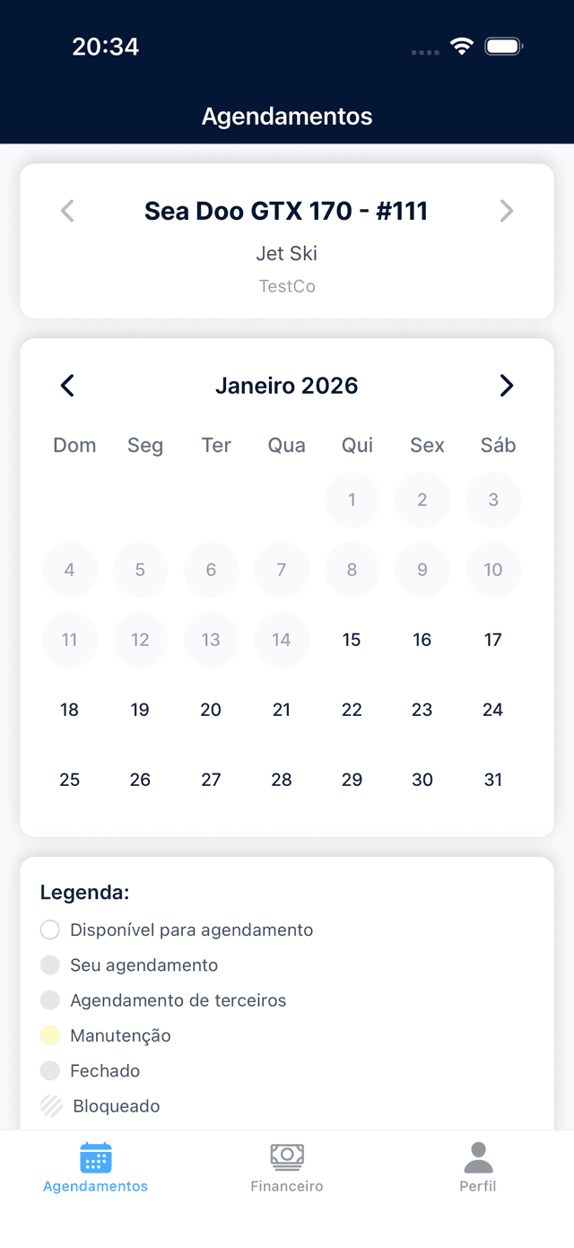 App Revezza no celular mostrando calendário de reservas