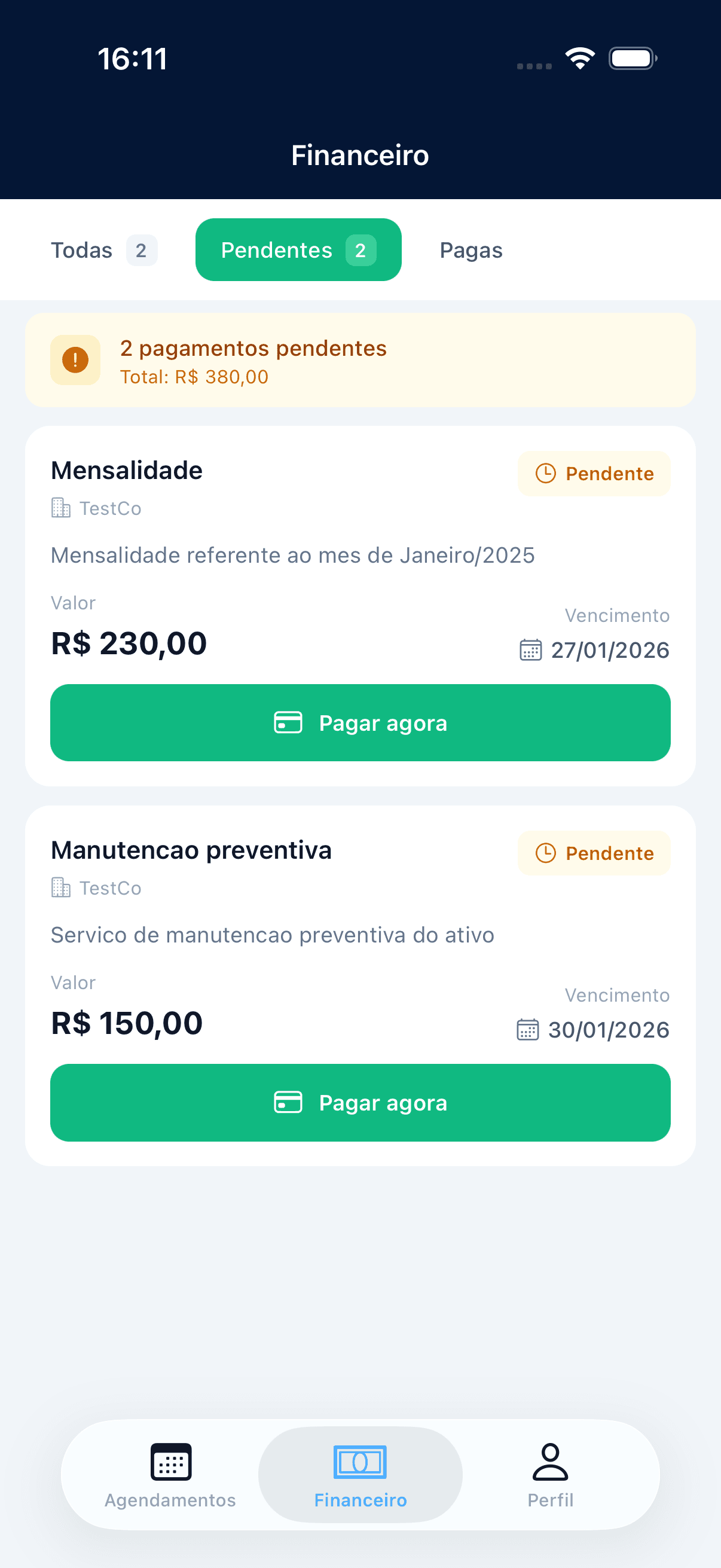 App Revezza com mensalidade e manutenção pendentes e botão Pagar agora