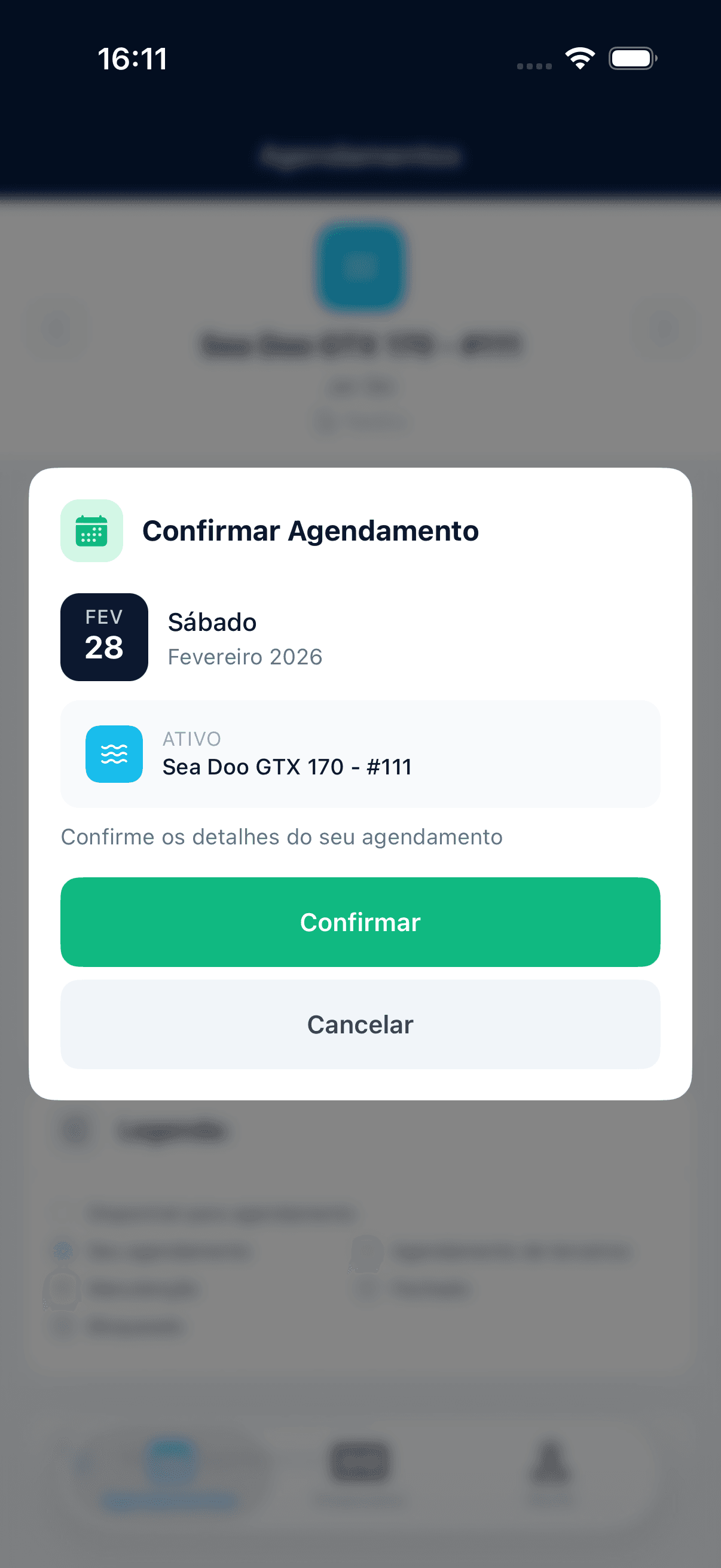 Confirmação de reserva de jet ski no app Revezza