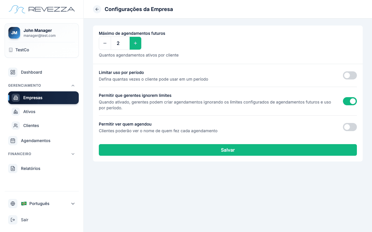 Configuração de limite de agendamentos futuros e uso por período